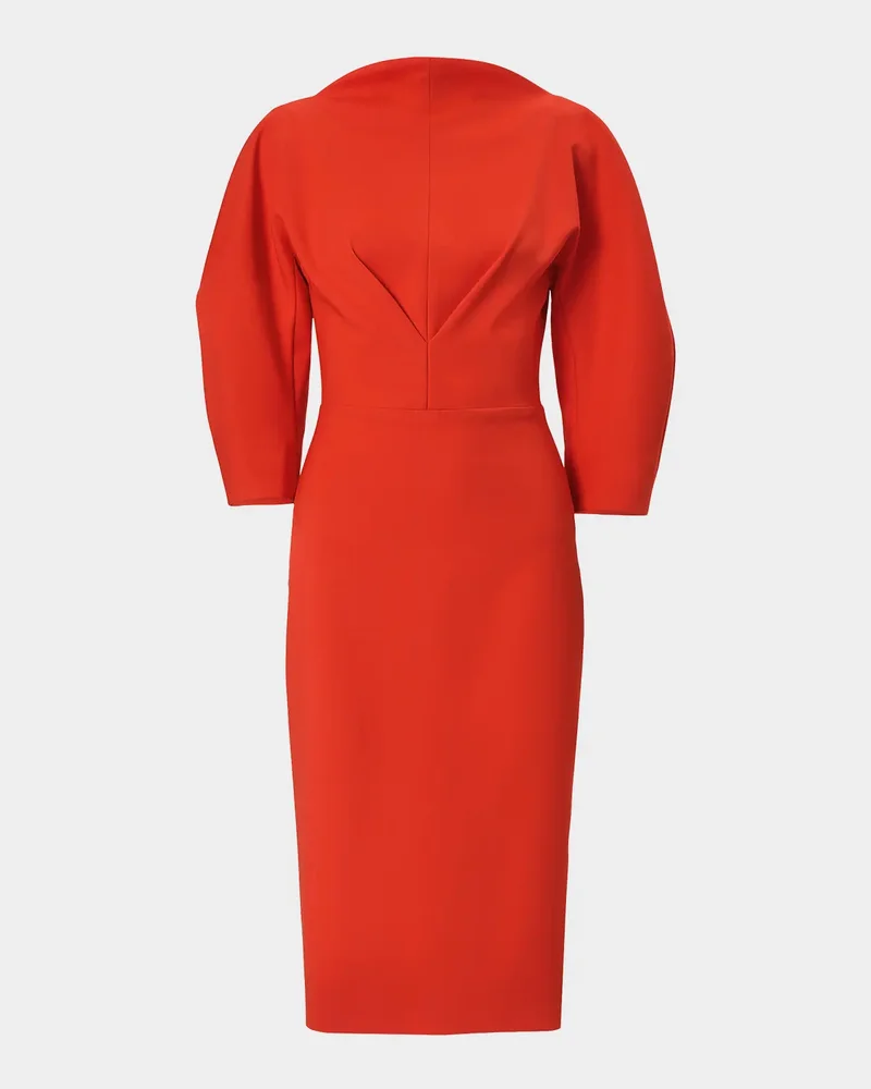 Draped High-Neck Wool 3/4-Sleeve Midi Dress