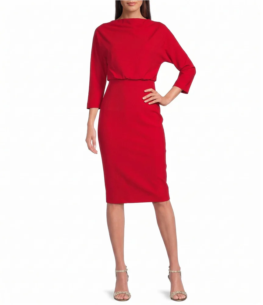 Belle by Badgley Mischka Draped Boat Neck 3/4 Sleeve Blouson Dress