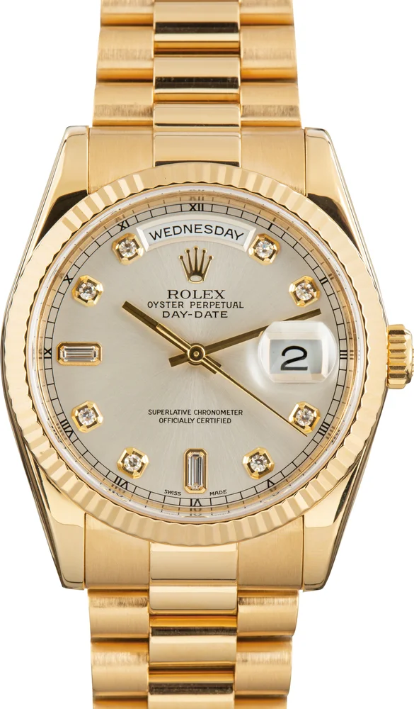 Pre-Owned Rolex Day-Date 36 President 118238 Silver Diamond Dial Yellow Gold