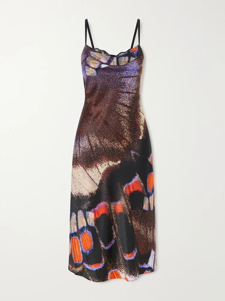 Evangeline printed silk-blend satin midi dress