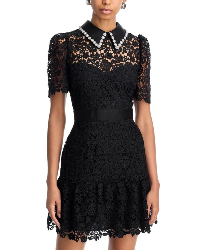 Pearl Trim Short Sleeve Lace Mini Dress