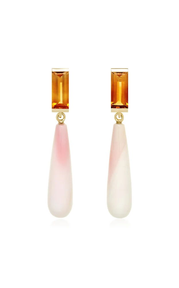 Deco Maxi Drop 14K Yellow Gold Pink Shell Citrine Earrings
