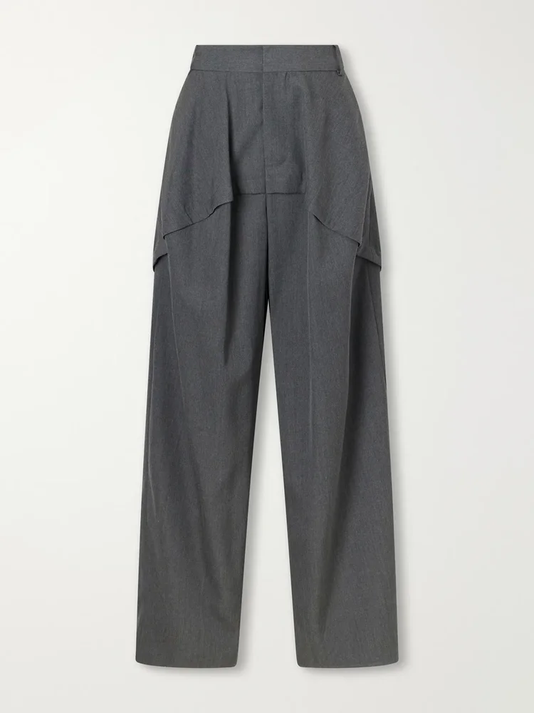 Logo-embroidered tiered wool mid-rise wide-leg pants