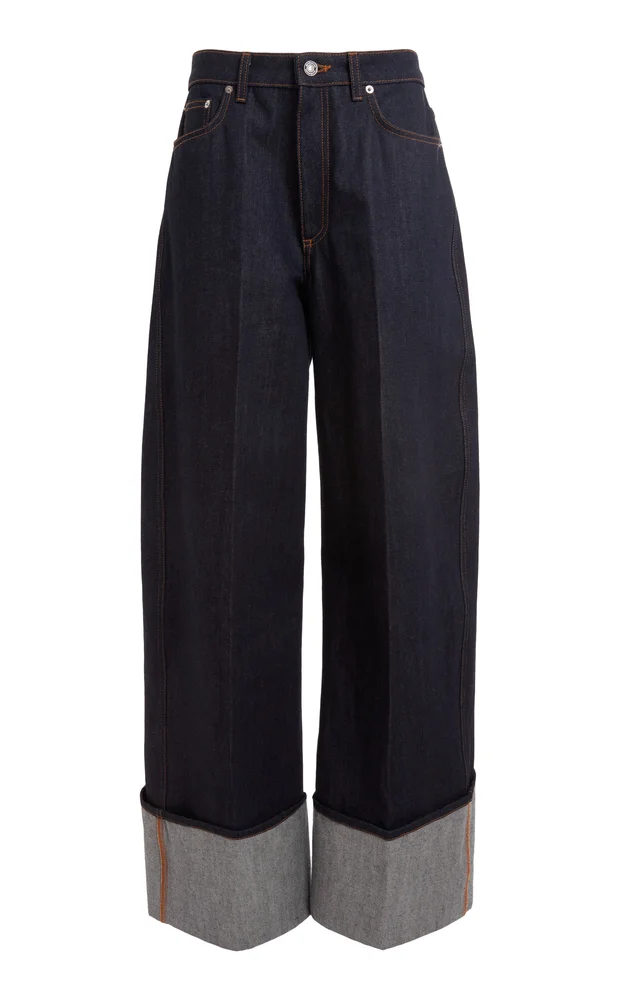 Cuffed Raw-Denim Wide-Leg Jeans