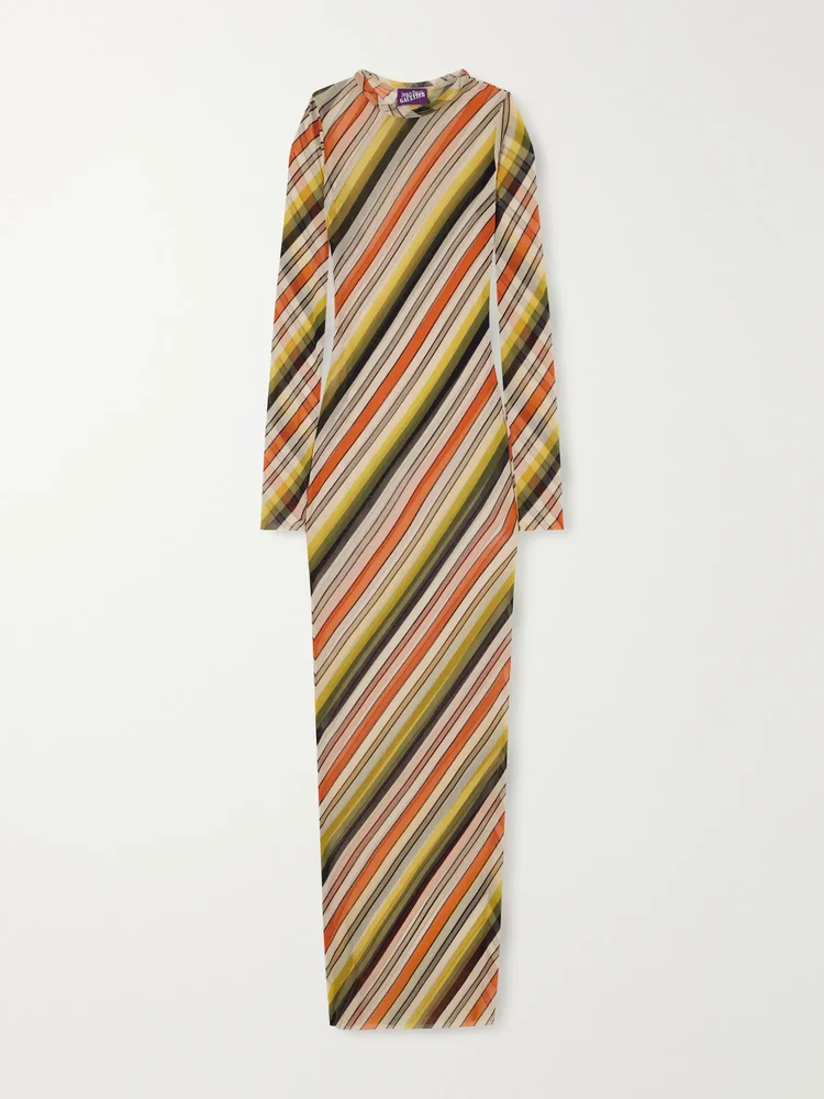 Retro Stripe printed mesh maxi dress