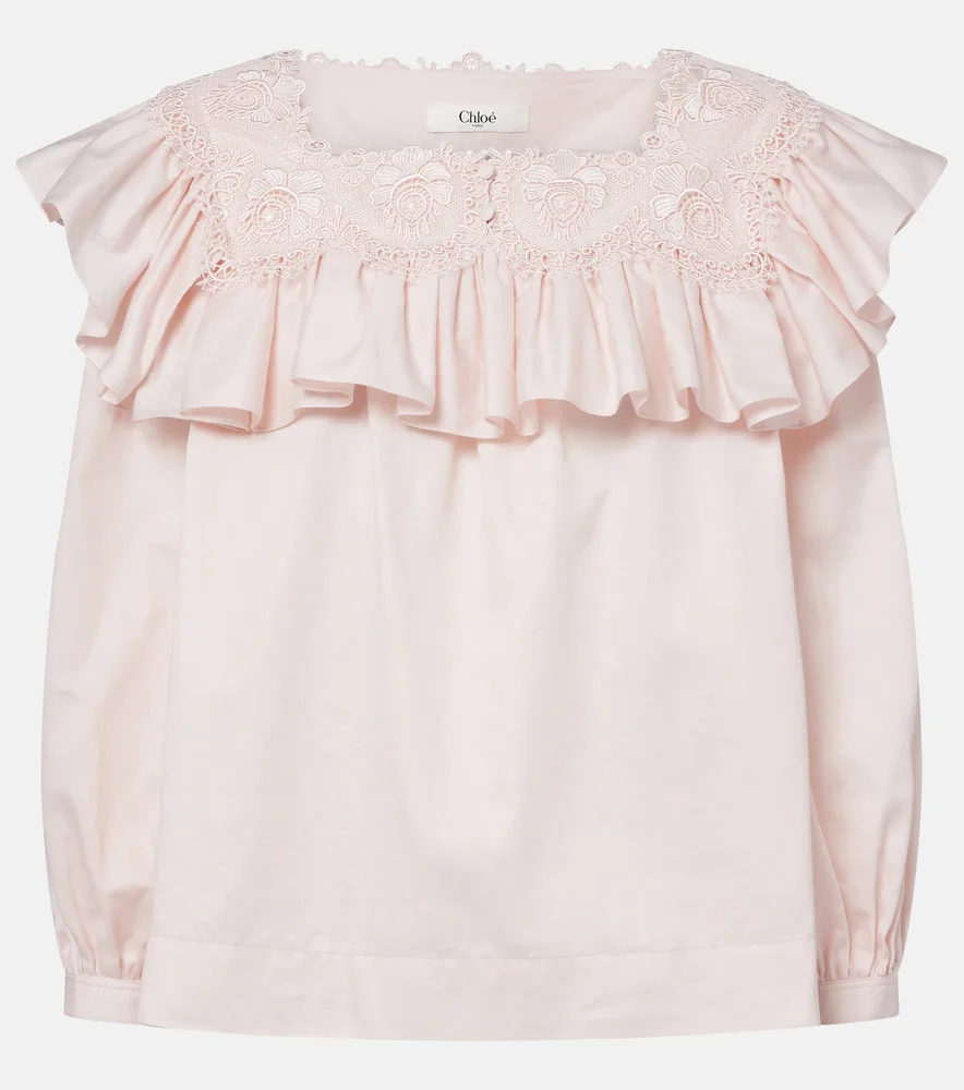 Ruffled lace-trimmed cotton blouse