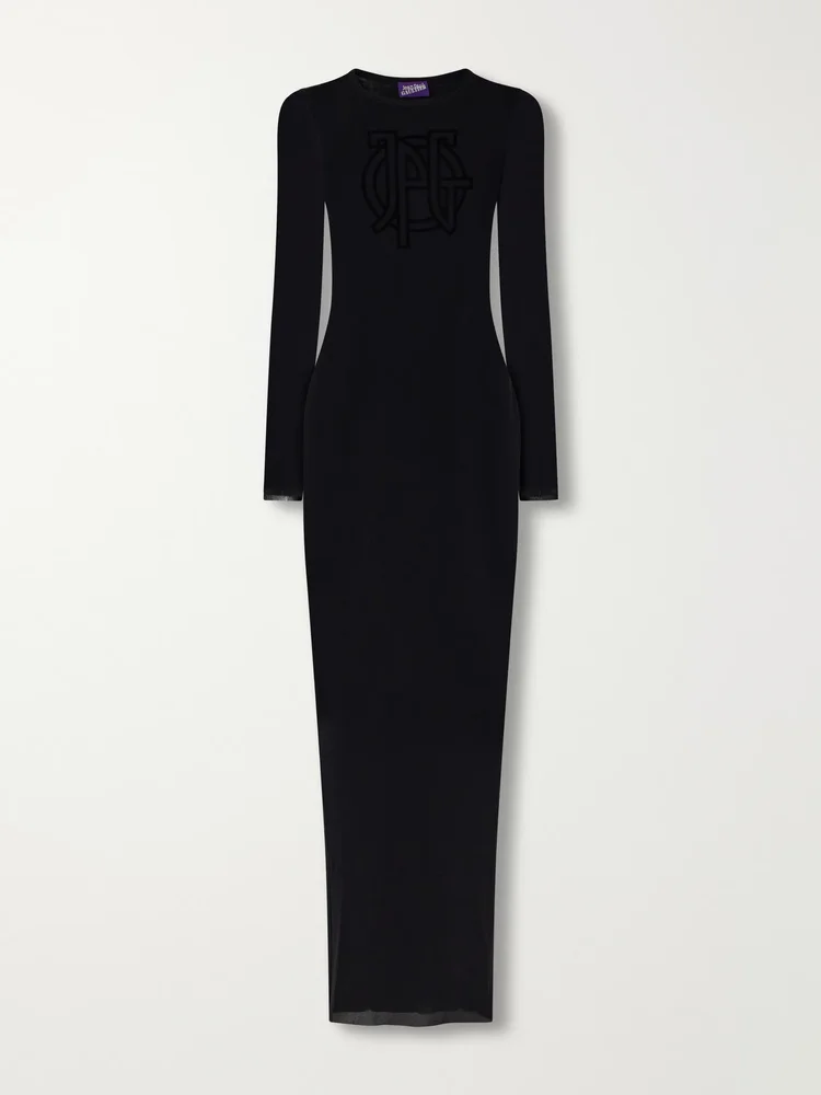 Logo embellished mesh maxi dress