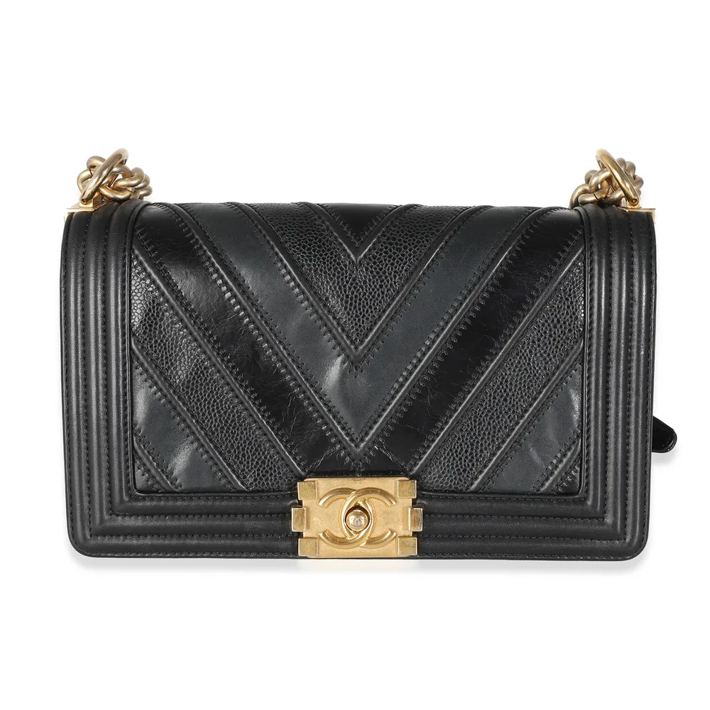 Chanel Black Calfskin Caviar In The Mix Chevron Old Medium Boy Handbag