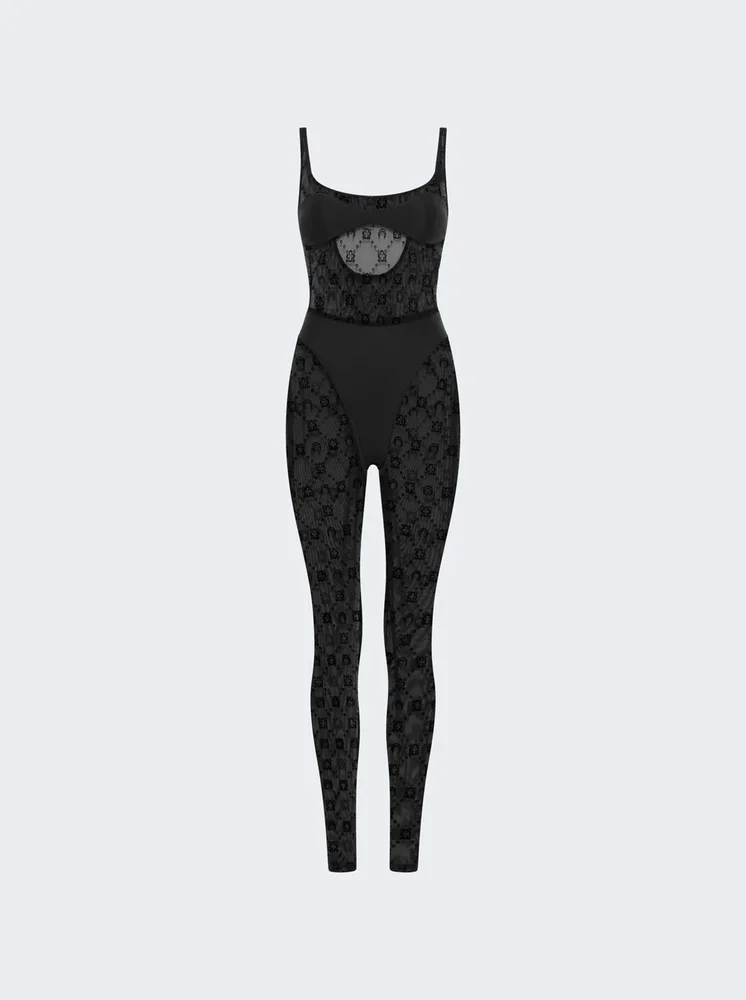 Moonogram Mesh Flock Catsuit BLACK