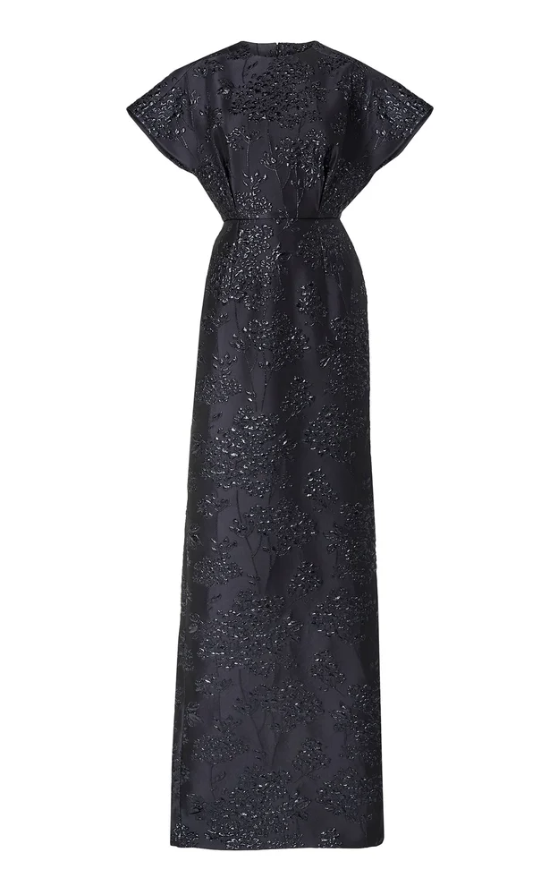 Fan-Bodice Floral Bouquet Lurex Gown