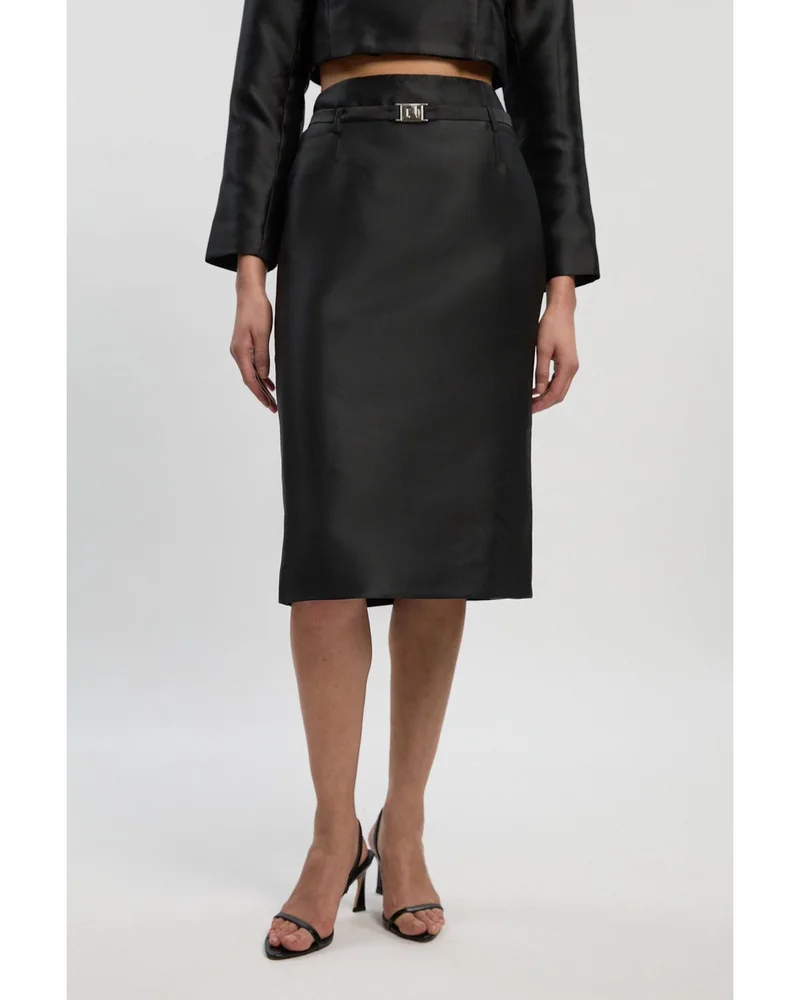 Satin Twill Belted Tailored Midi Skirt