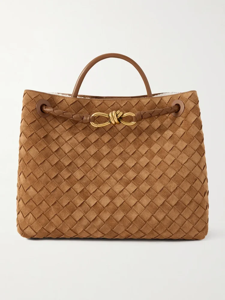 Andiamo medium shearling-lined leather-trimmed Intrecciato suede tote