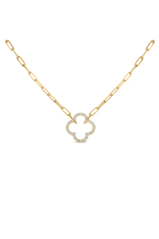 Gold Vermeil 1/10 Cttw Diamond Paperclip Chain Clover Pendant Necklace