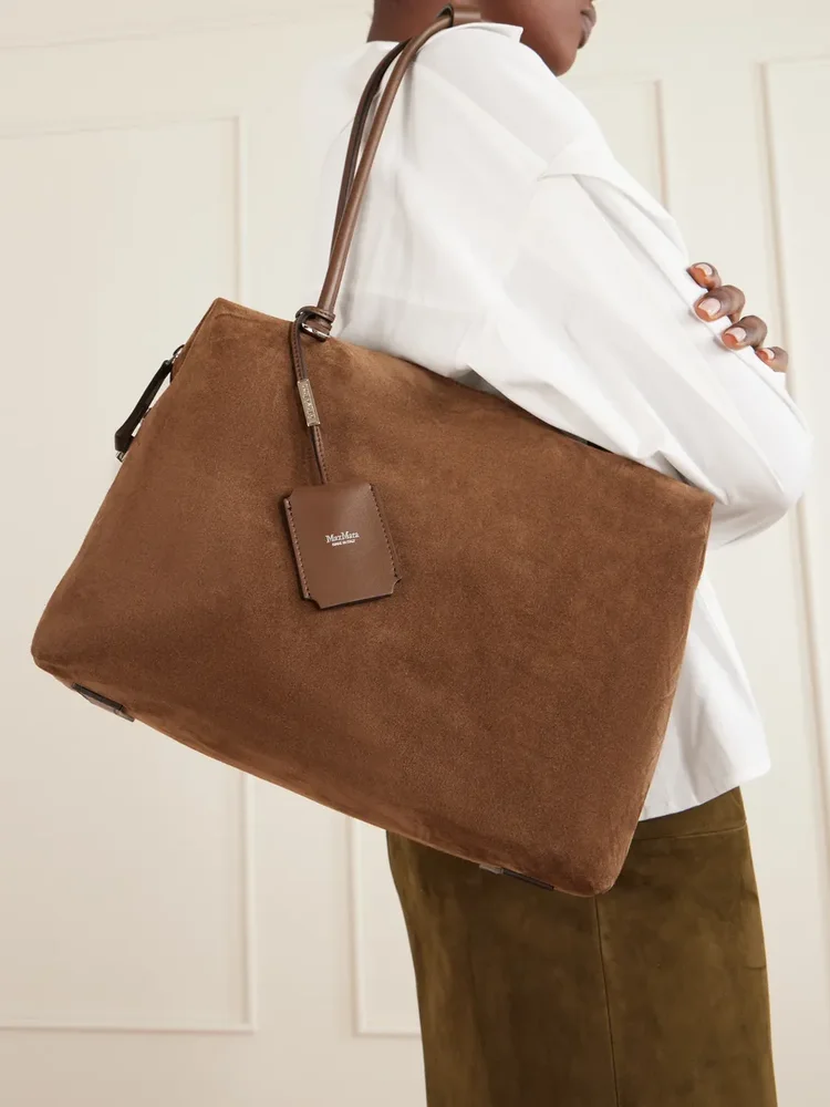 Leather-trimmed suede shoulder bag