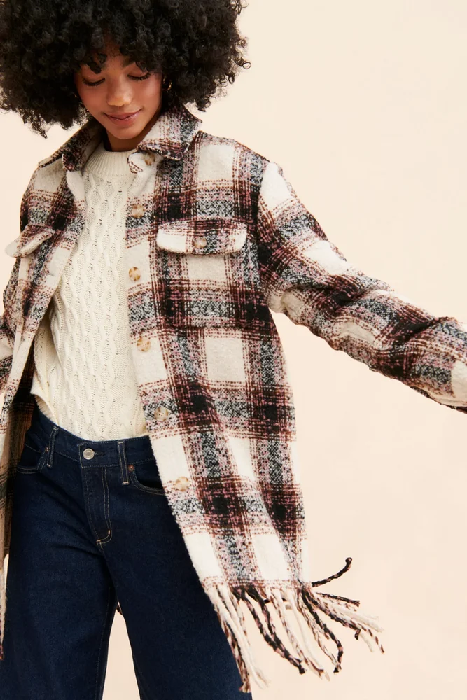 Avec Les Filles Plaid Fringe Hem Shirt Jacket