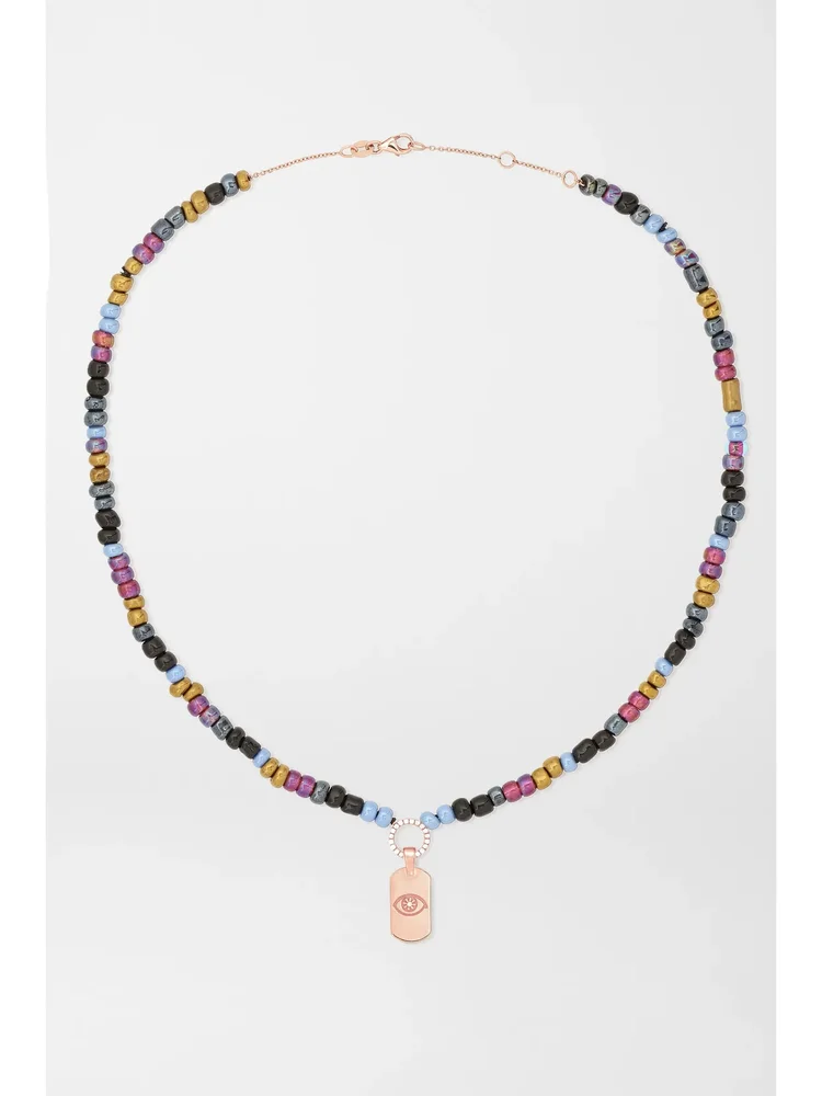 Evil Eye 14-karat rose gold, bead and diamond necklace