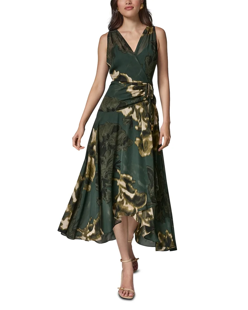 Green Dress - Printed Chiffon Crossover Neck Faux Wrap Dress
