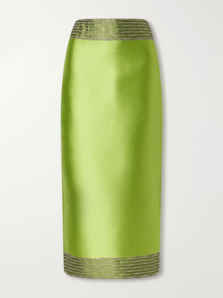 Monica embroidered satin midi skirt