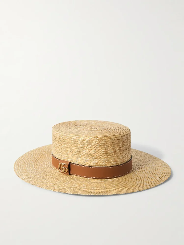 Leather-trimmed straw hat