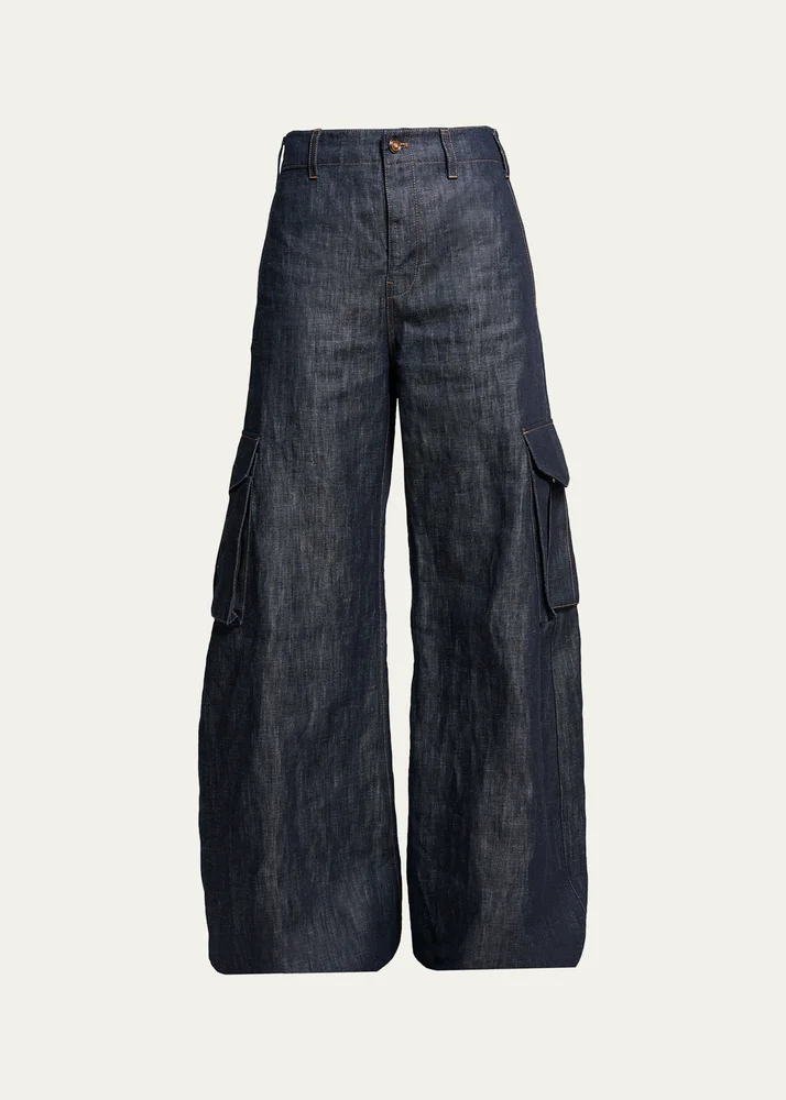 Eos Cotton-Linen Sculptural Flared Cargo Pants