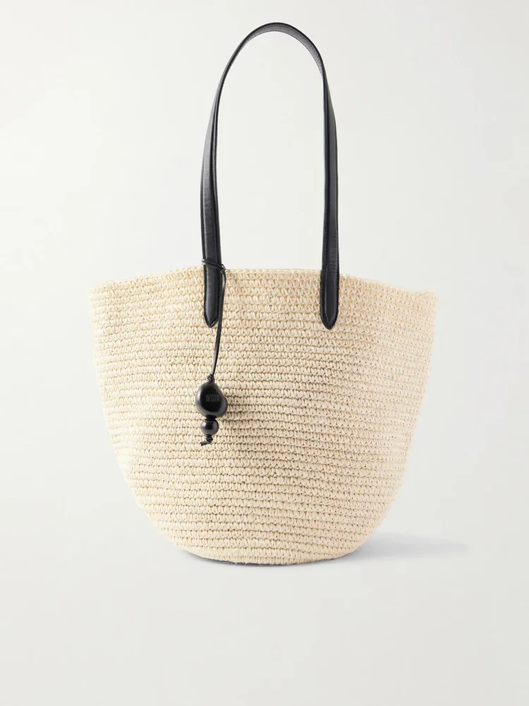 Market leather-trimmed woven raffia tote