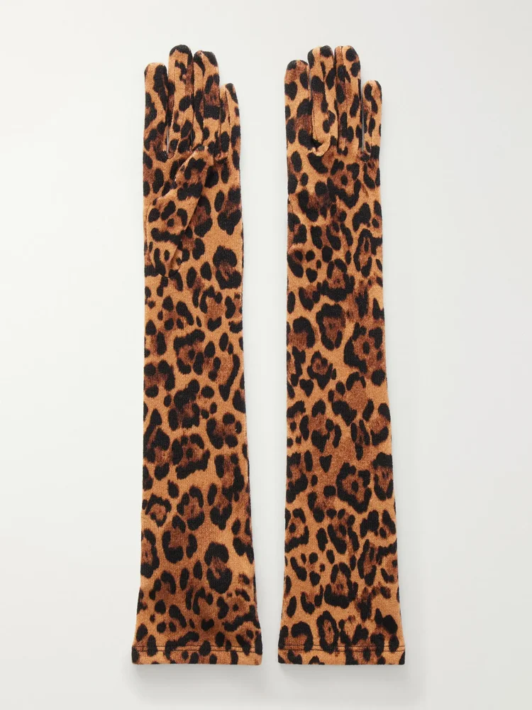 Leopard-print stretch-jersey gloves