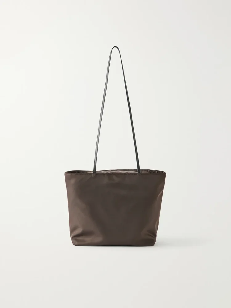 Spaghetti leather-trimmed satin shoulder bag