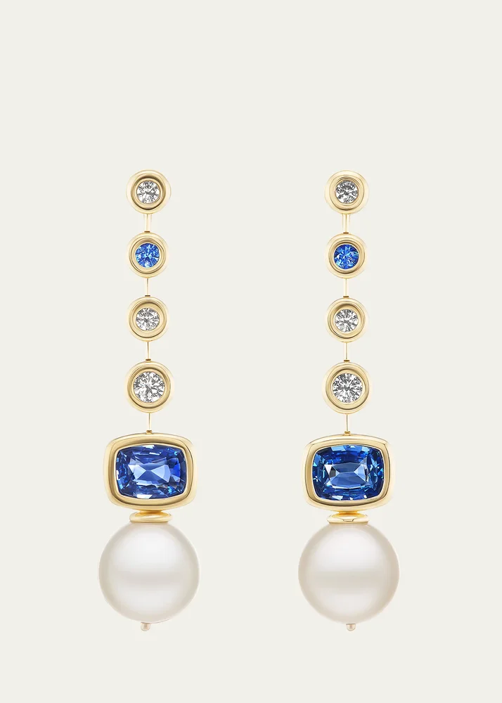 Long Blue Sapphire and South Sea Pearl Earrings