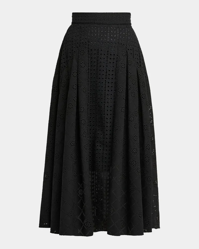 Eyelet-Embroidered Pleated Midi Skirt