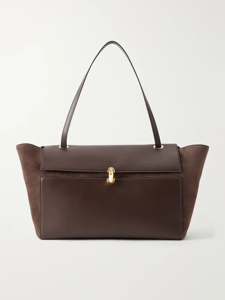 Trapeze leather-trimmed suede shoulder bag