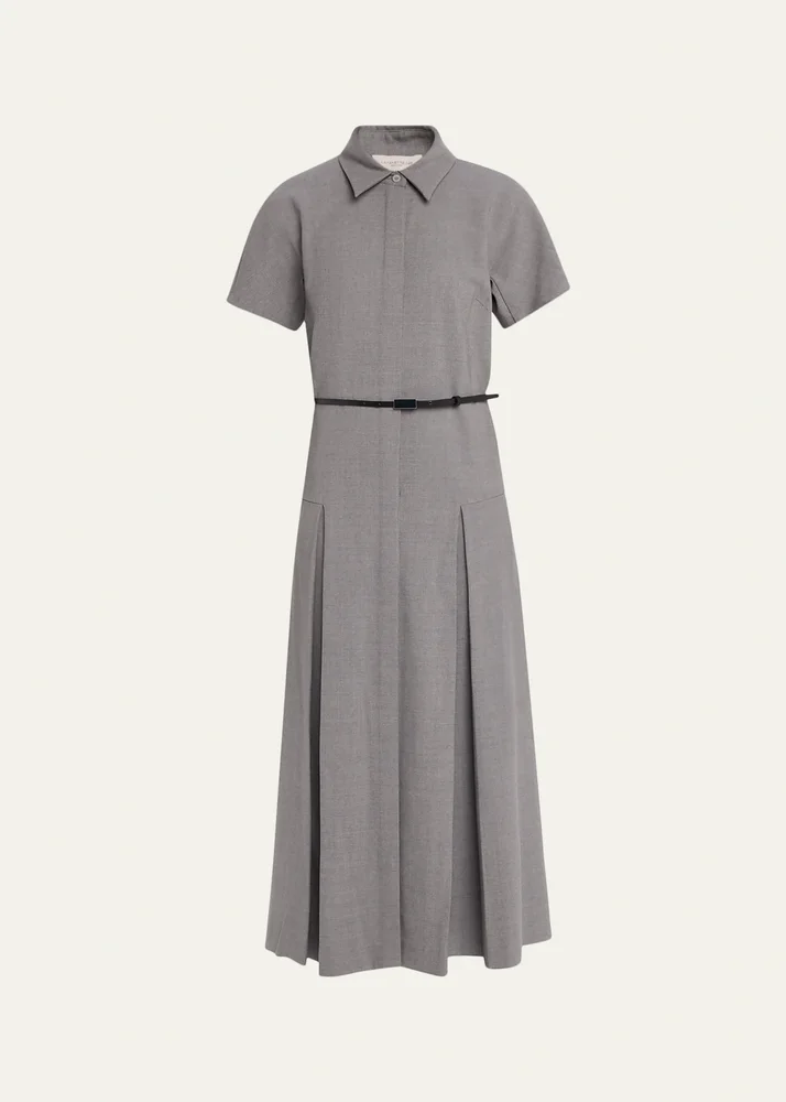 New York Pleated Stretch Wool Midi Shirtdress