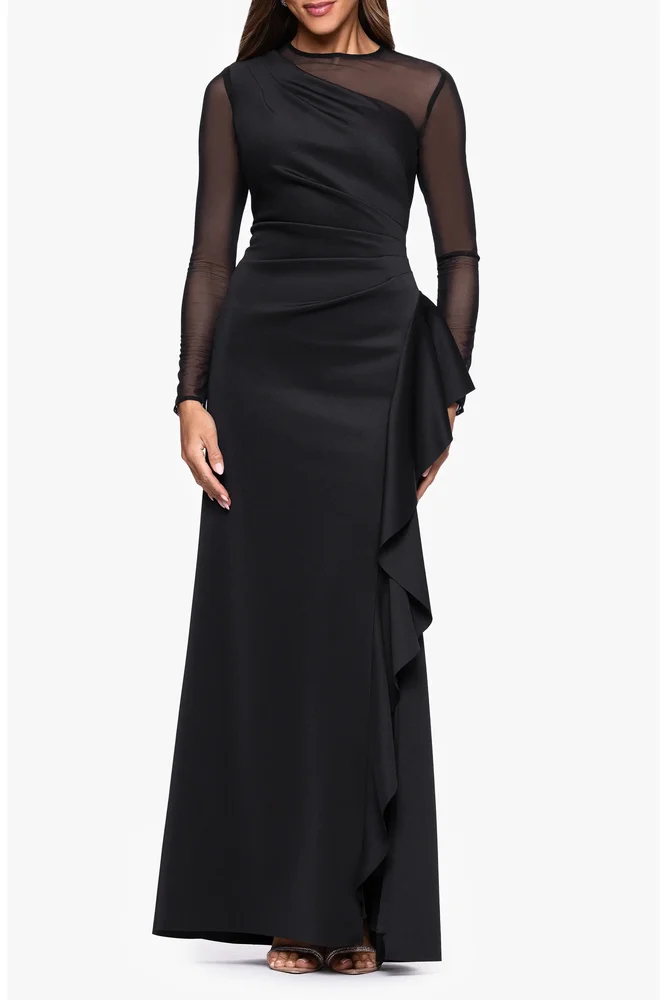 Mesh Long Sleeve Ruffled Scuba Gown