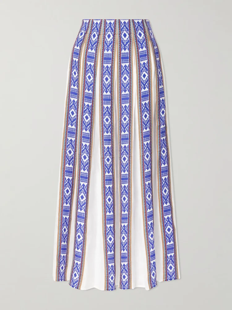 Aurelia pleated printed linen midi skirt