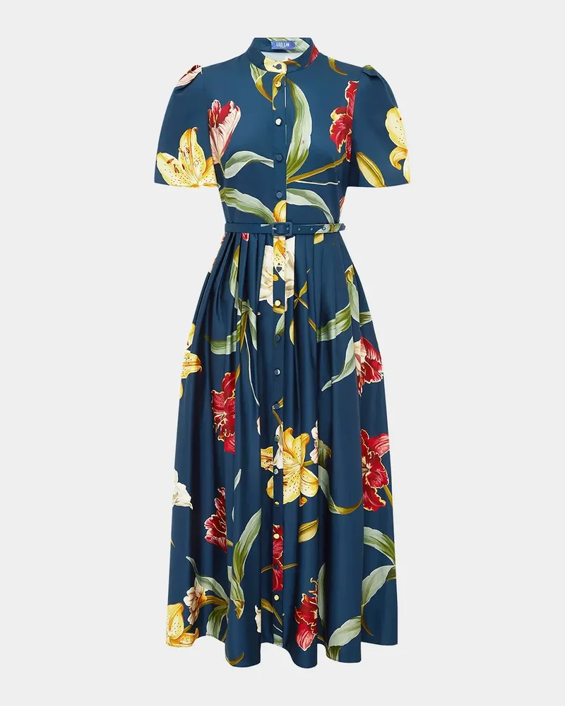 Bianca Pleated Floral-Print Midi Shirtdress
