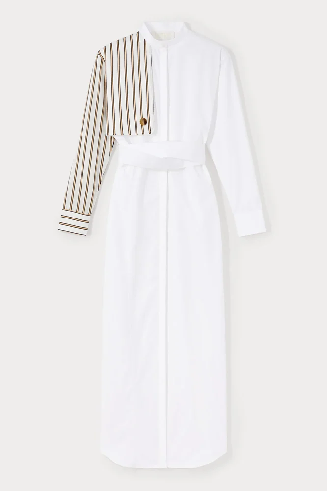 White and striped asymmetrical shirt dress