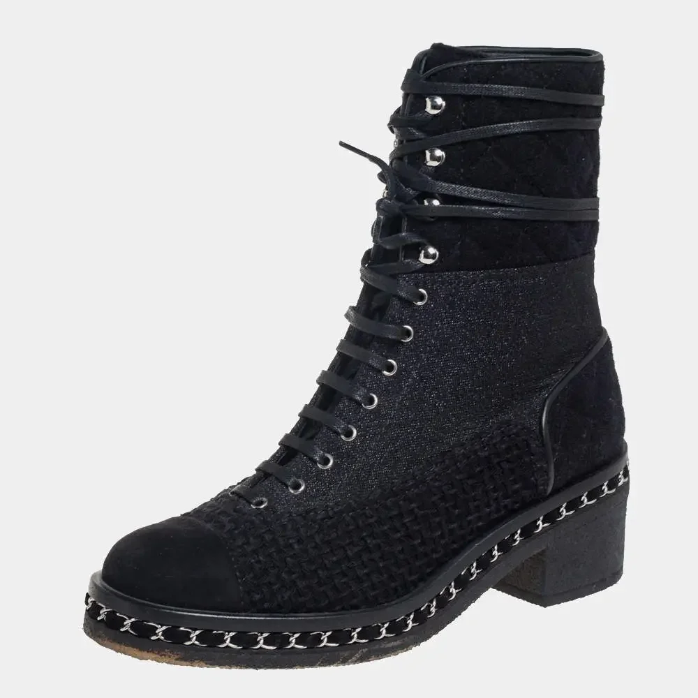 Black Tweed And Suede Combat Boots Size 39