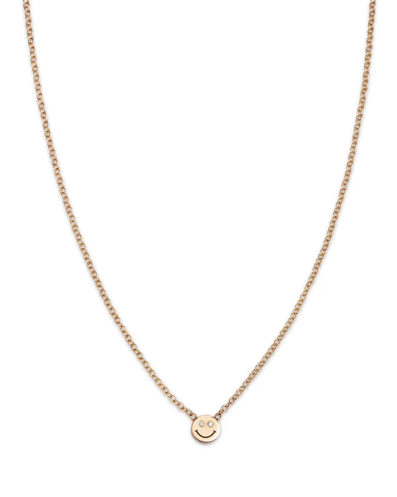 14K Yellow Gold Itty Bitty Smiley Face Diamond Eyes Pendant Necklace, 16"