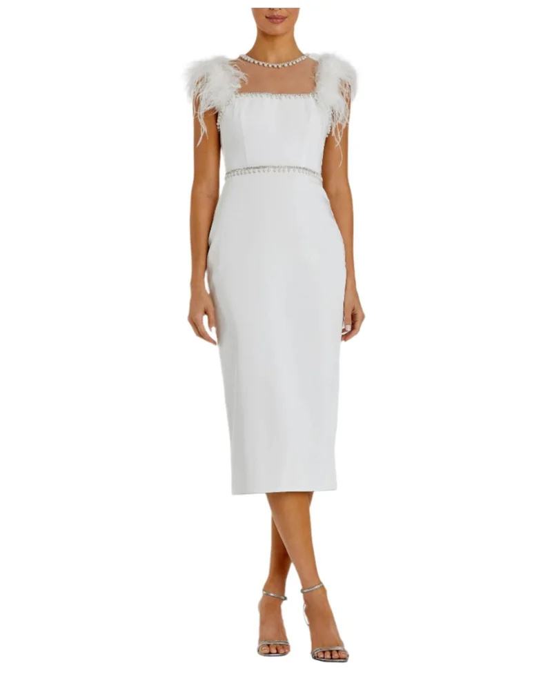Feather Cap Sleeve Pearl Embellished T-Length Fit Dress