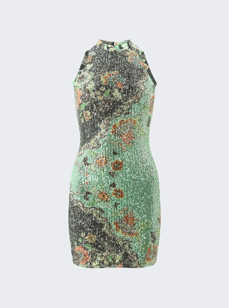 Kimono Print Sequined Mini Dress Green