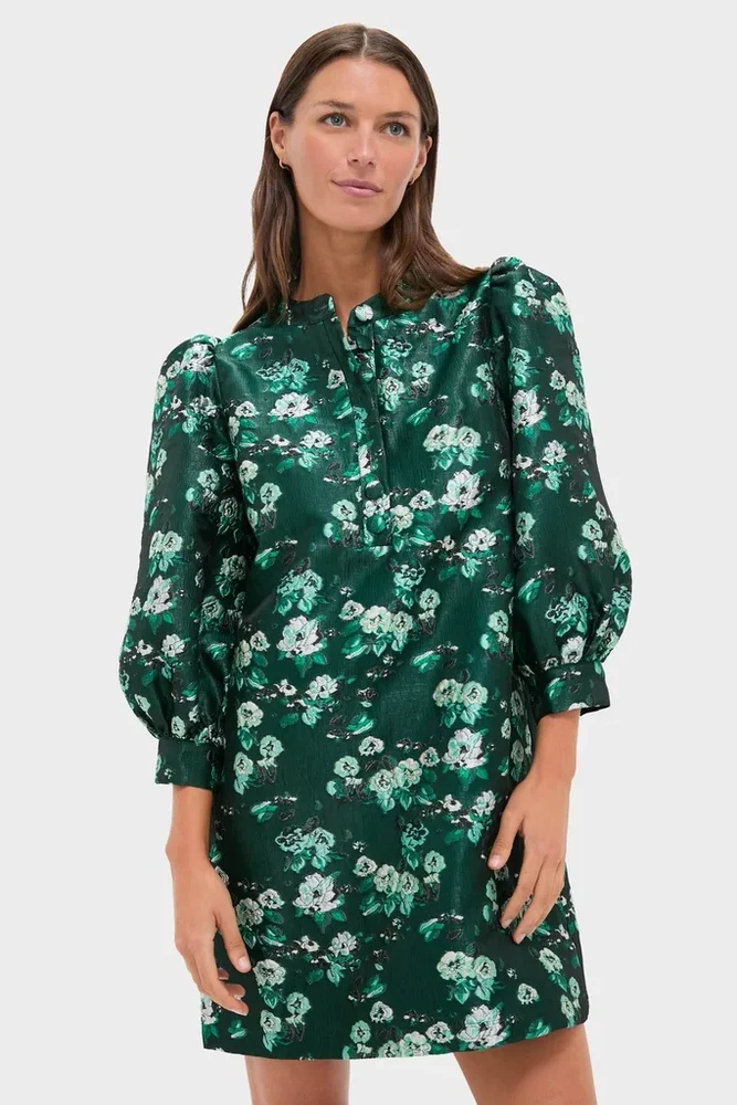 Emerald Magnolia Floral Jacquard Samantha Dress