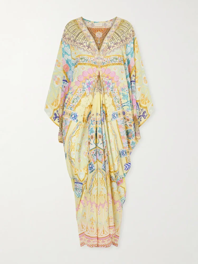 Embellished printed silk cover-up