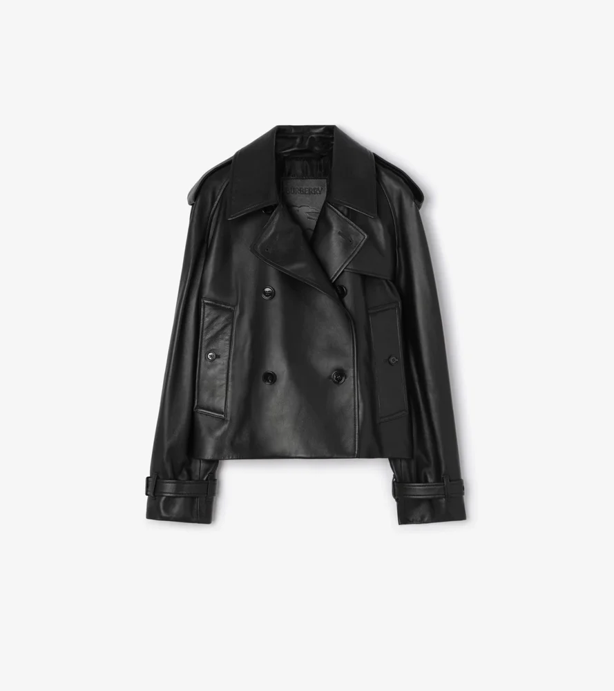 Cropped Leather Mayfair Trench Jacket in Black