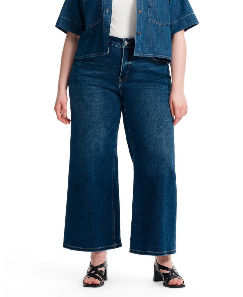 Plus Mid Rise Wide Leg Jeans Highly Stretchy Classic Denim for Women in Dark Blue