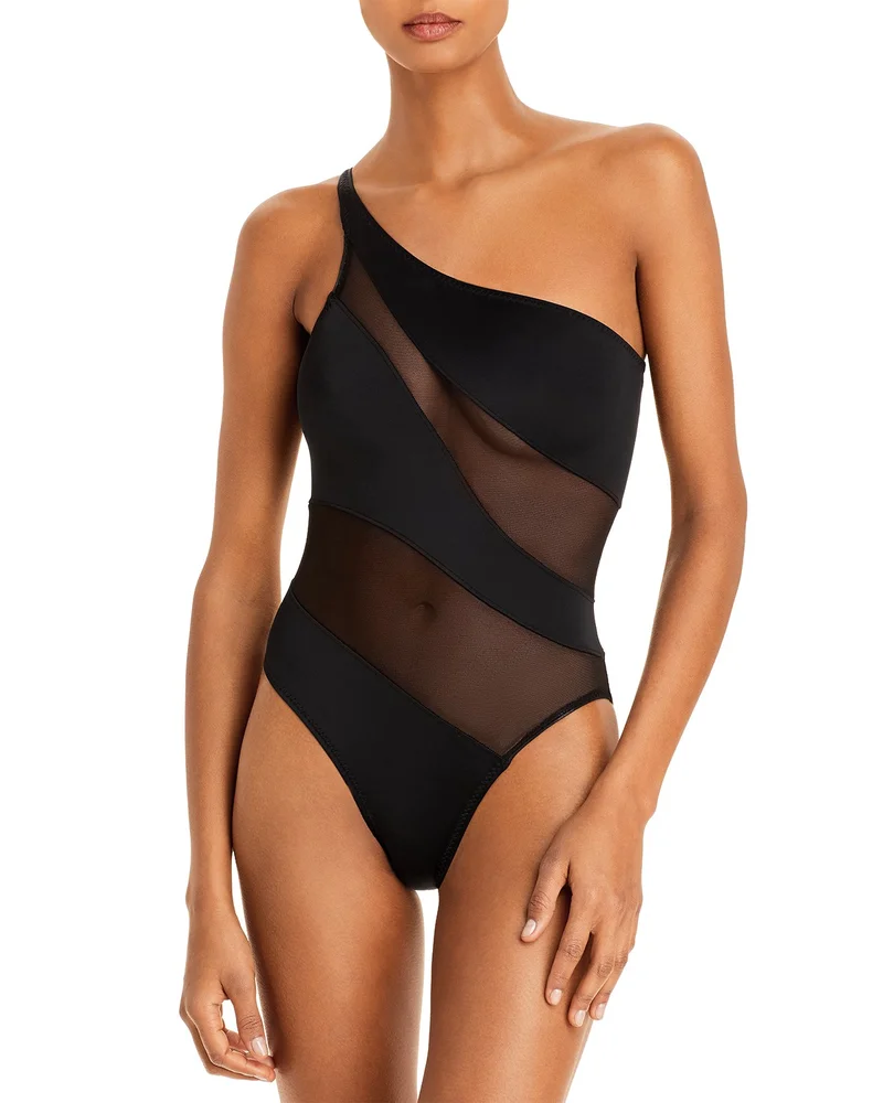 Illusion Mesh One Shoulder One Piece Swimsuit