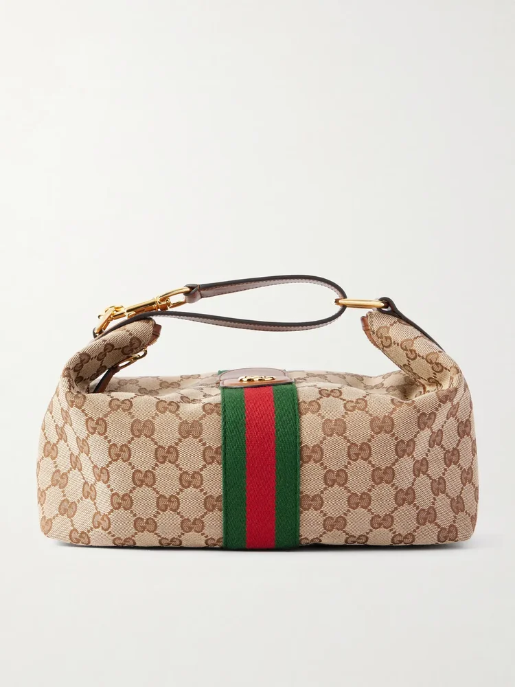 Ophidia leather-trimmed coated canvas-jacquard clutch