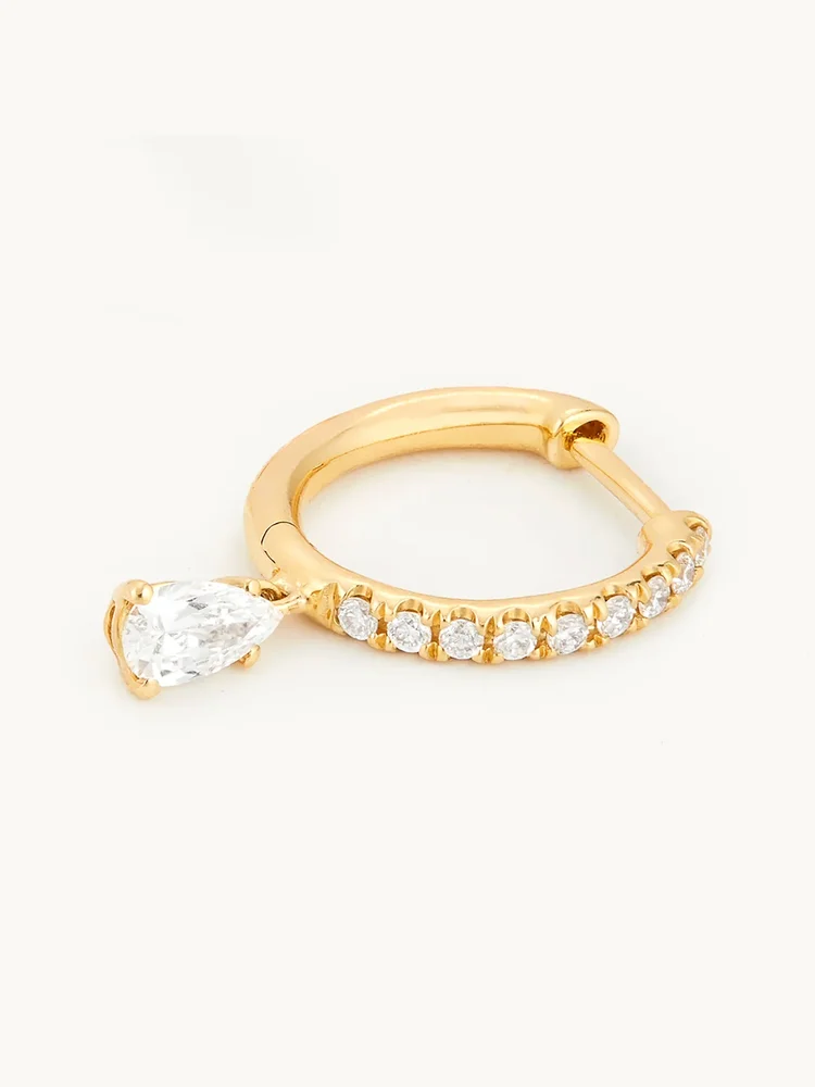 Yellow-Gold Small Pave Hoop with Pear Diamond Drop