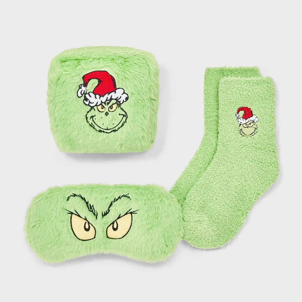 Embroidered Faux Fur 3-Piece Cozy Gift Set with Reusable Pouch, Green