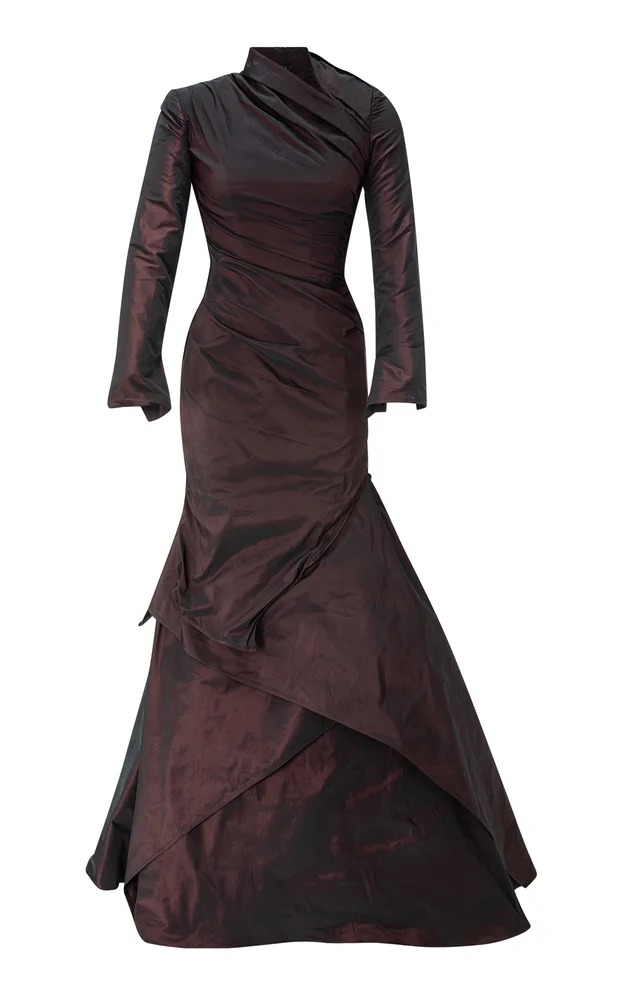 High-Neck Draped Taffeta Gown