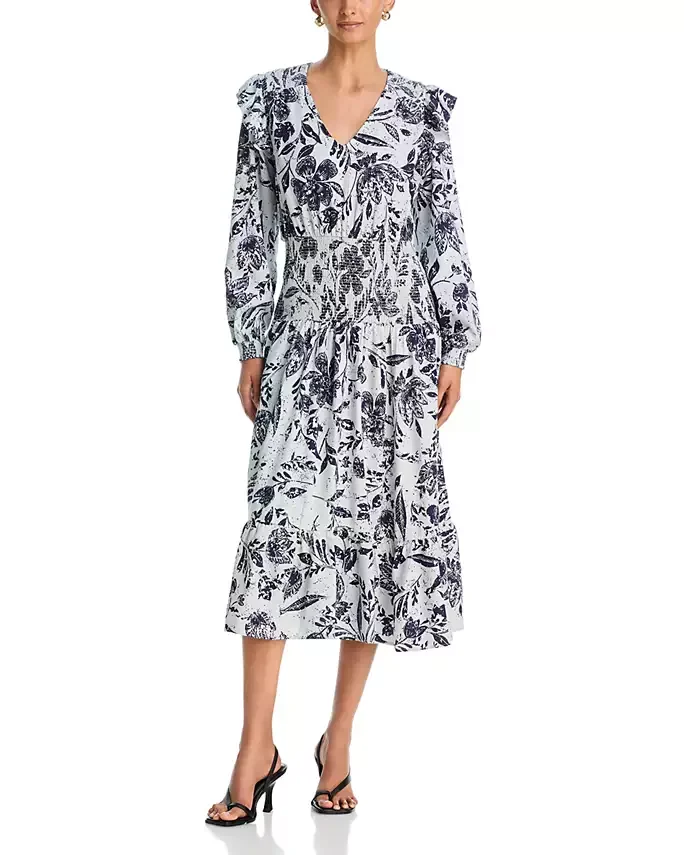 Long Sleeve V Neck Smocked Waist Midi Dress - Exclusive