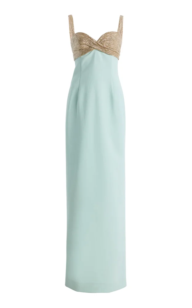 Bugle-Embroidered Wool-Blend Gown